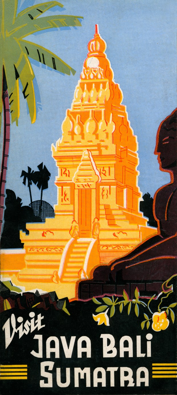 A tourism brochure for Bali, Java and Indonesia reads 'Visit Bali, Java, Sumatra' from 1932 in Indonesia. Illustration by Jim Heimann Collection via Getty Images.