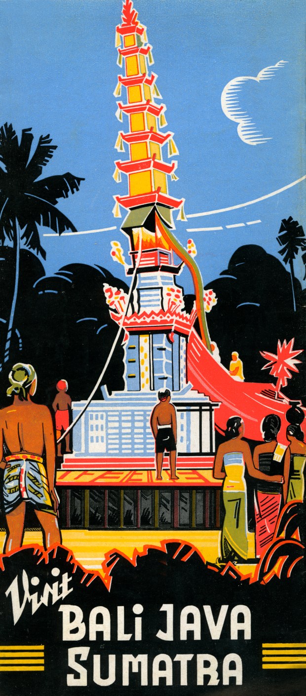 A tourism brochure for Bali, Java and Indonesia reads 'Visit Bali, Java, Sumatra' from 1932 in Indonesia. Illustration by Jim Heimann Collection via Getty Images.