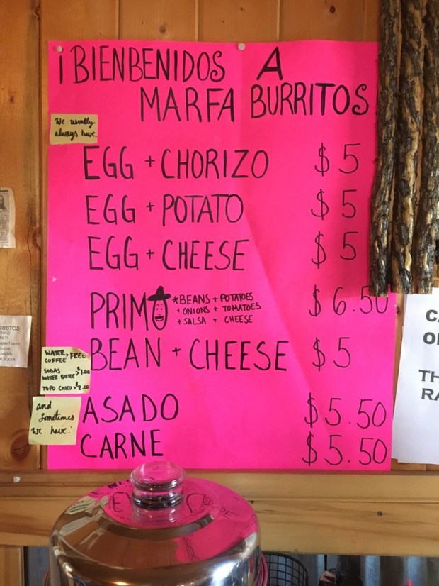 The menu at Marfa Burrito. Photo by Chris C. via Yelp.